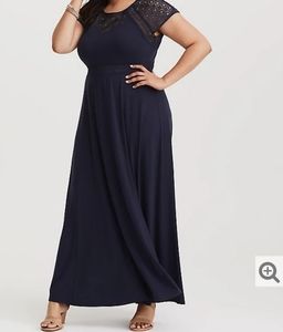 NAVY SHEER LACE YOKE KNIT MAXI DRESS